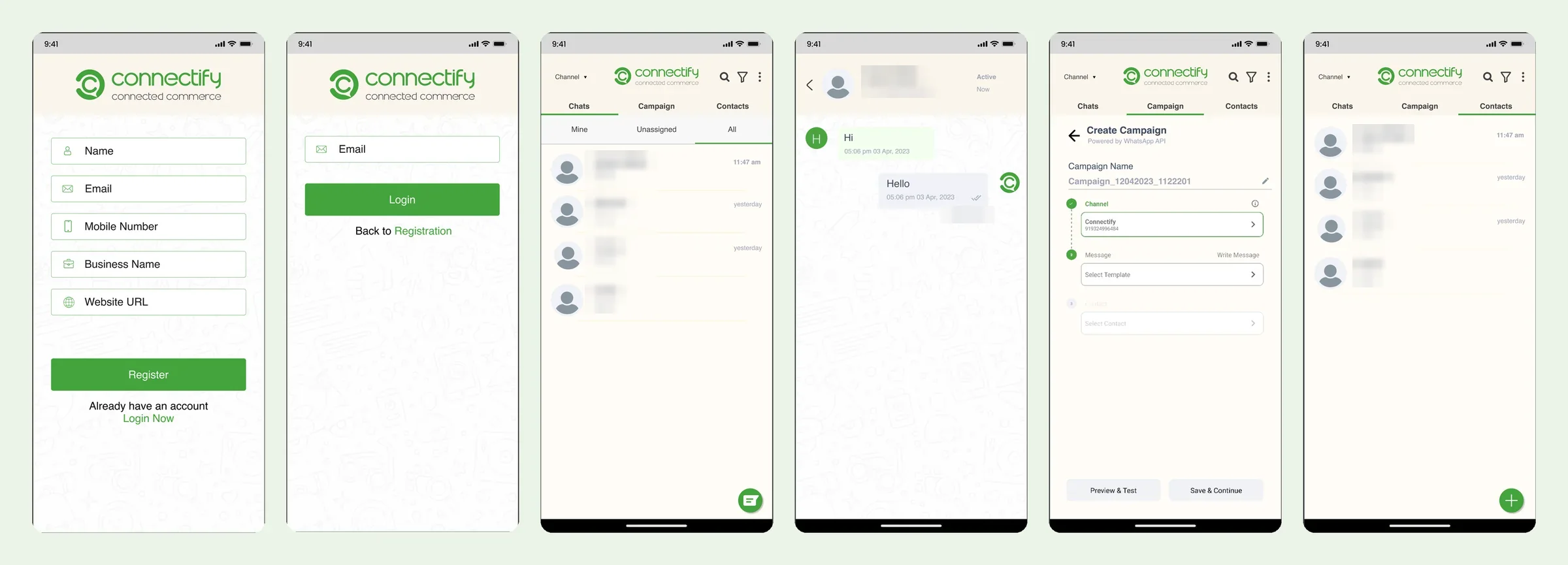 Register, login, chats, conversation, campaign, contacts