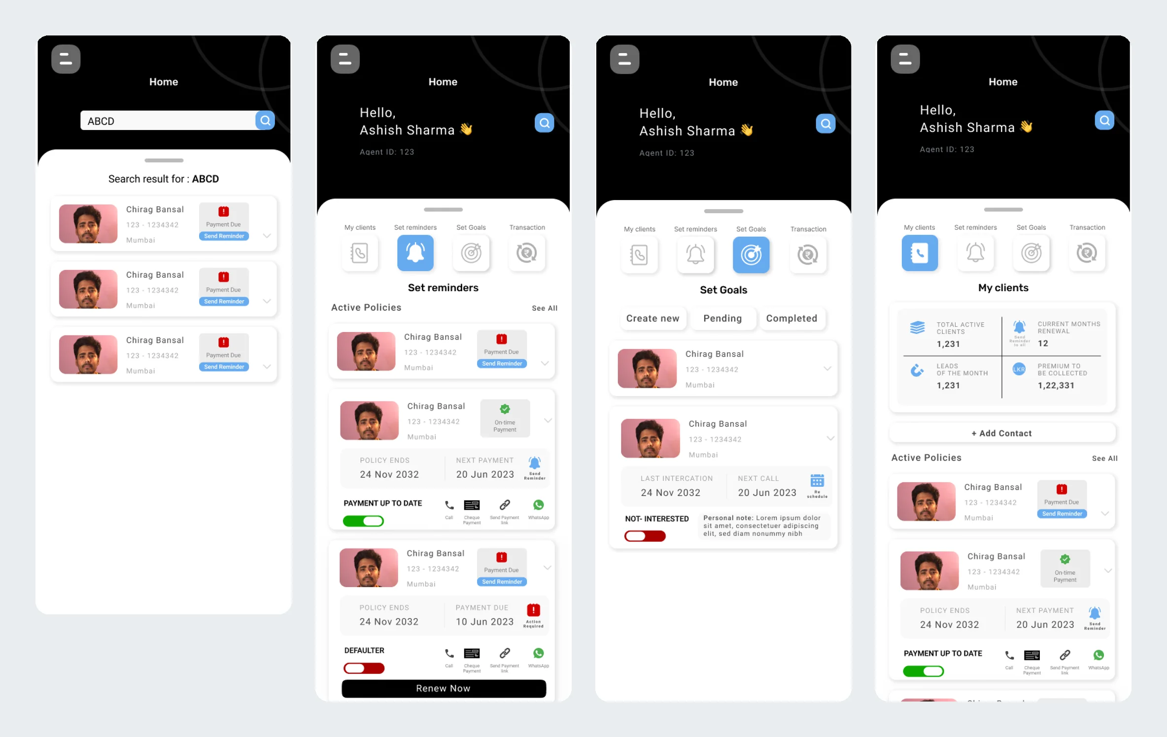 Search, reminders, goals and clients