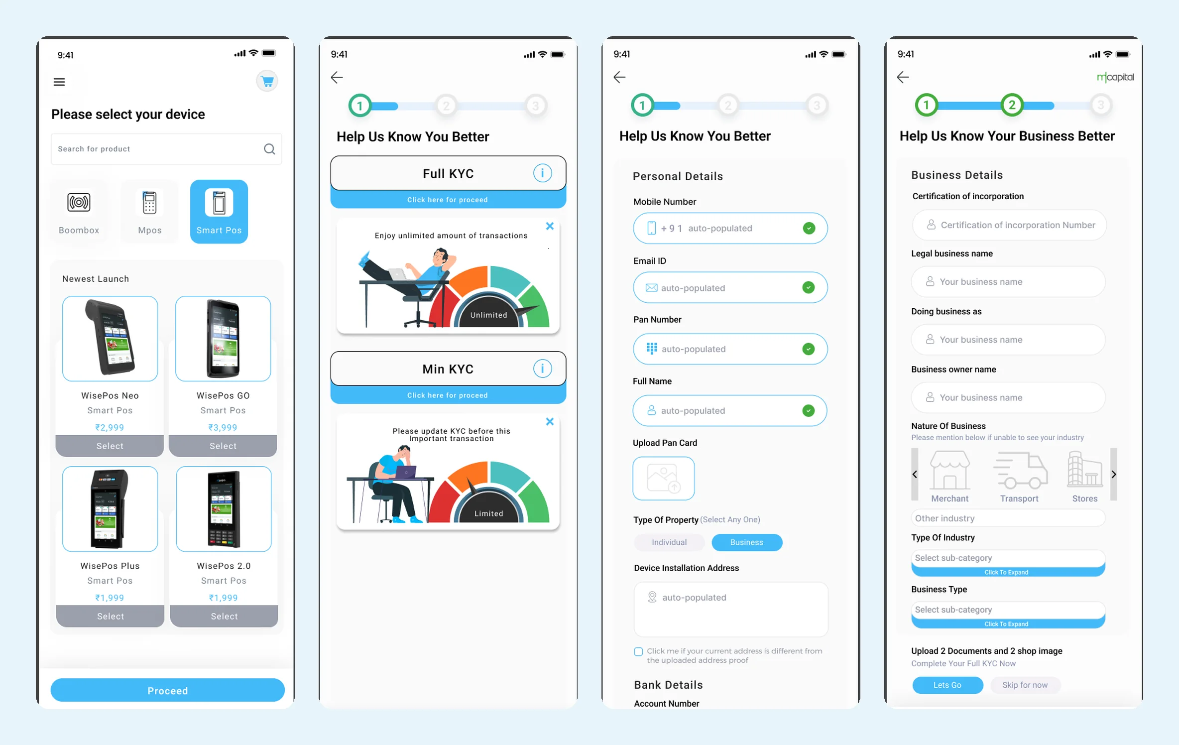KYC choice, personal and business details