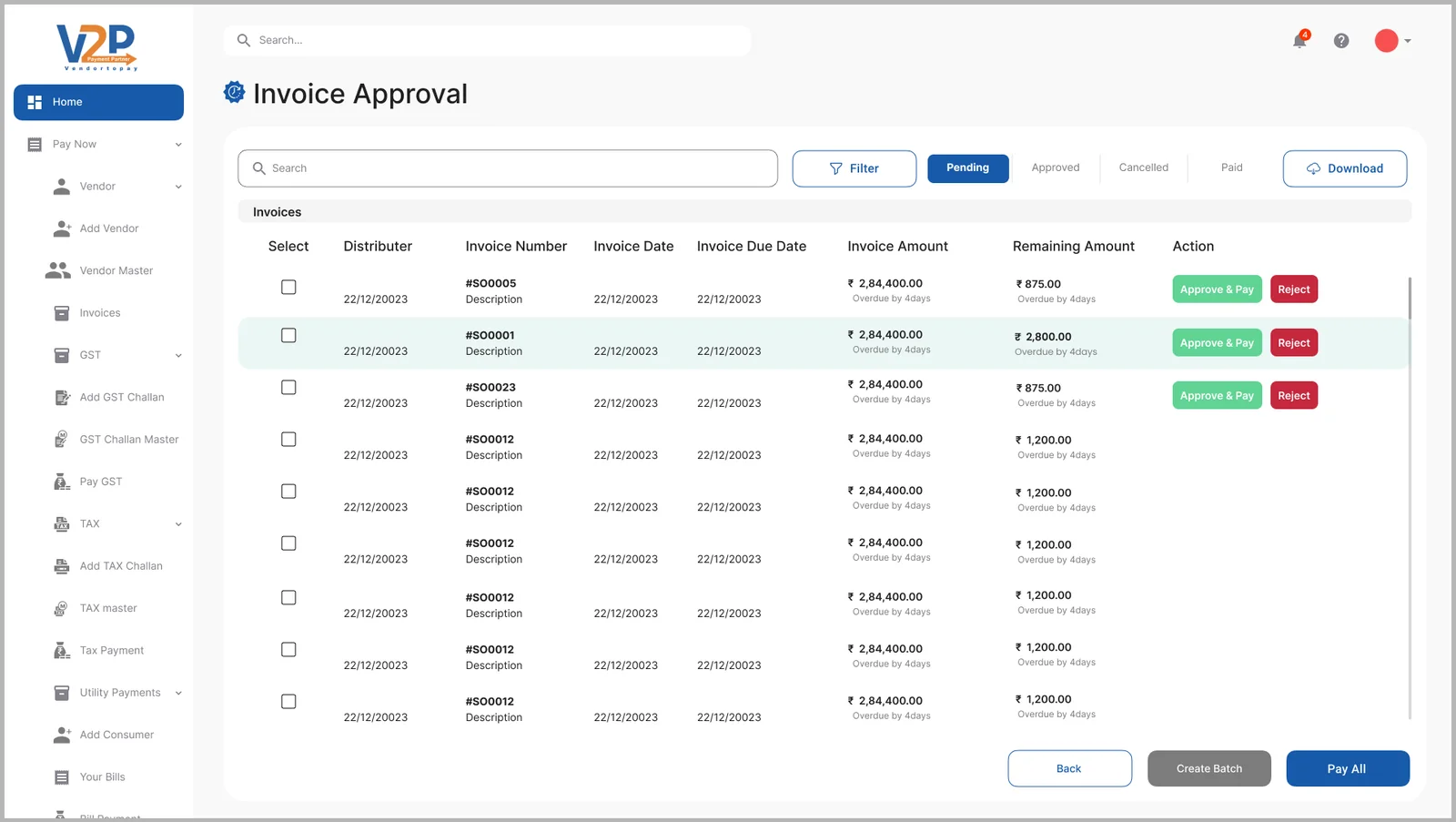 Select and pay in bulk