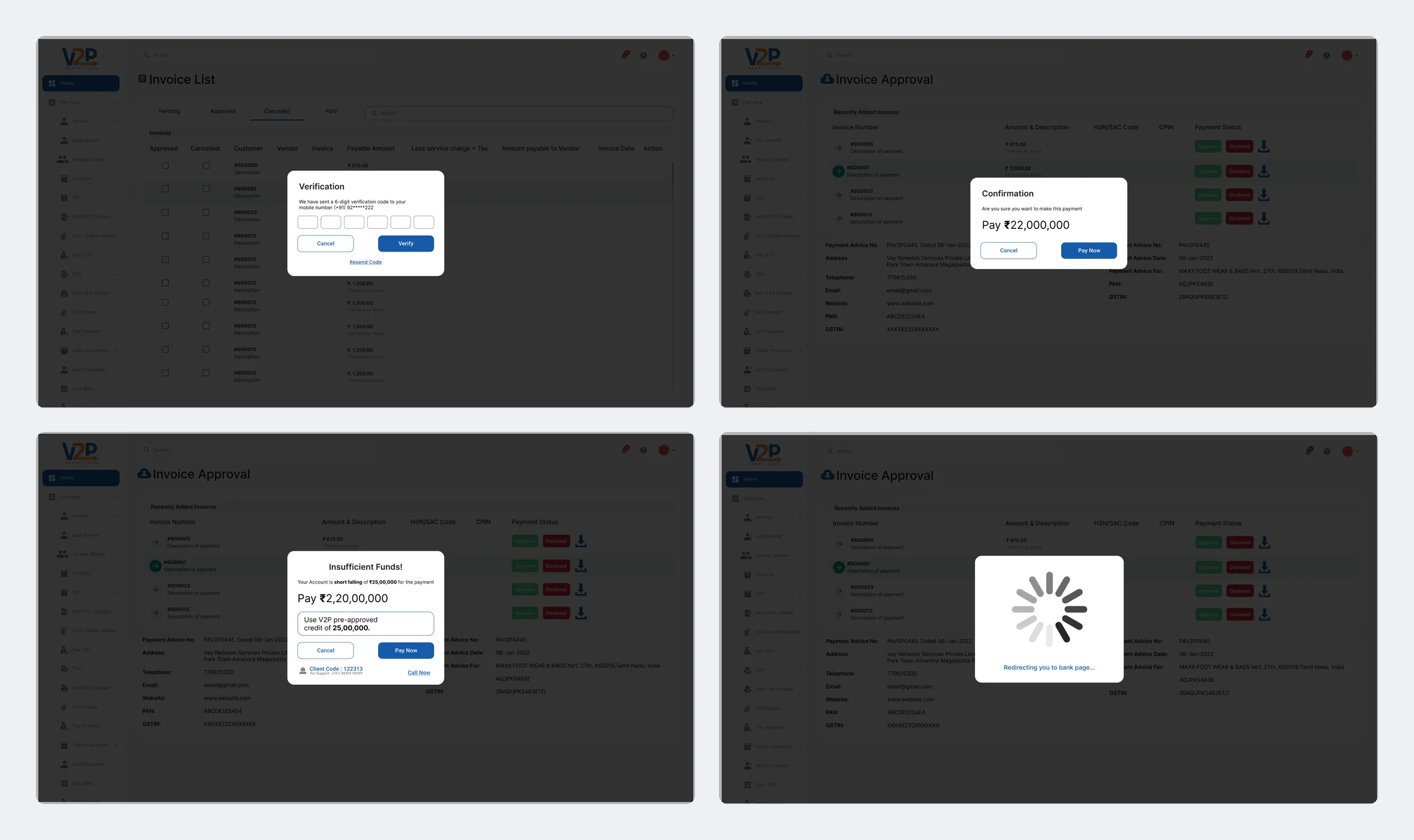 Verification, confirmation, insufficient funds, redirect