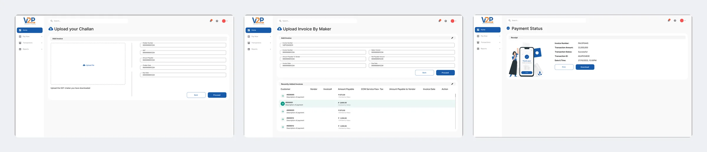 Upload challan, upload invoice by maker, payment status