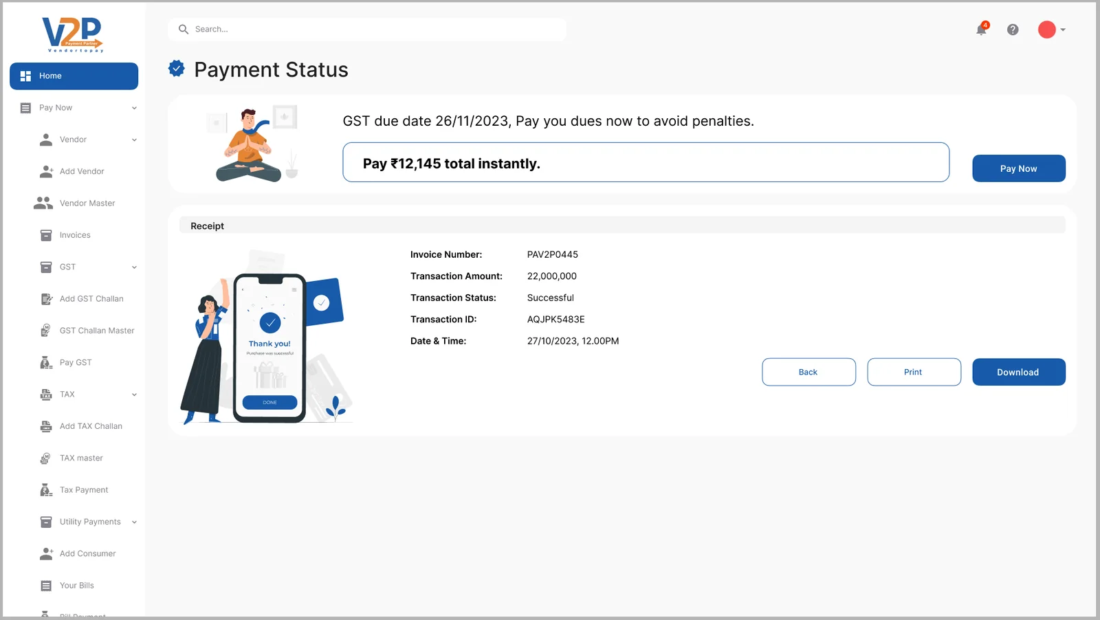 Payment status and receipt